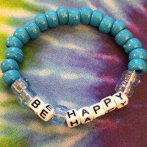 HANDMADE Turquoise Be Happy Inspirational Beaded Kandi Bracelet